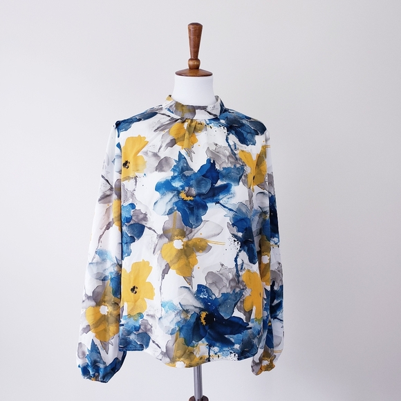Shein Lune Floral Mock Neck Long Sleeve Blouse Size XL Teal Yellow - Picture 8 of 9